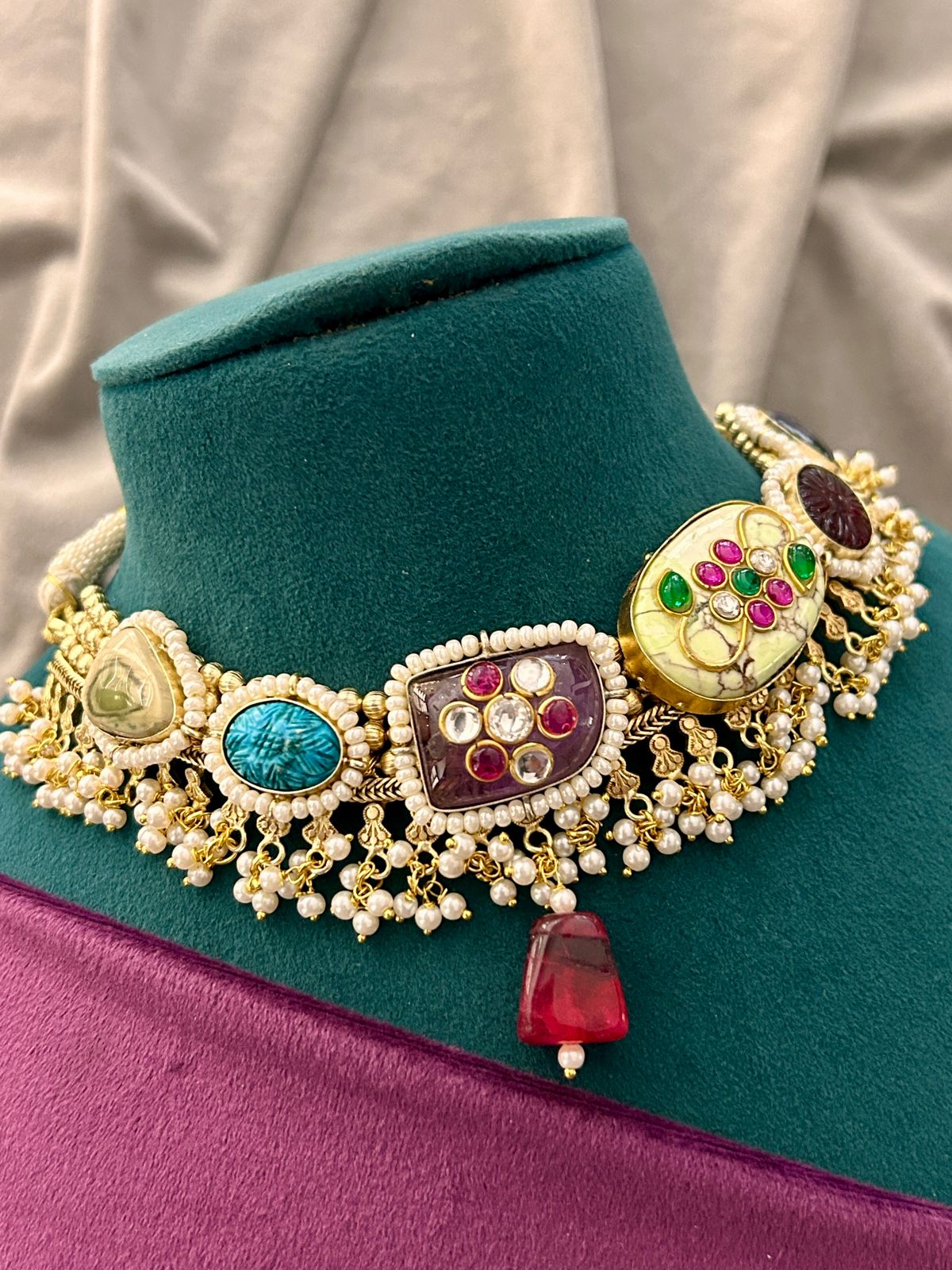 Royal Multicolor Stone Kundan Pearl Choker Set